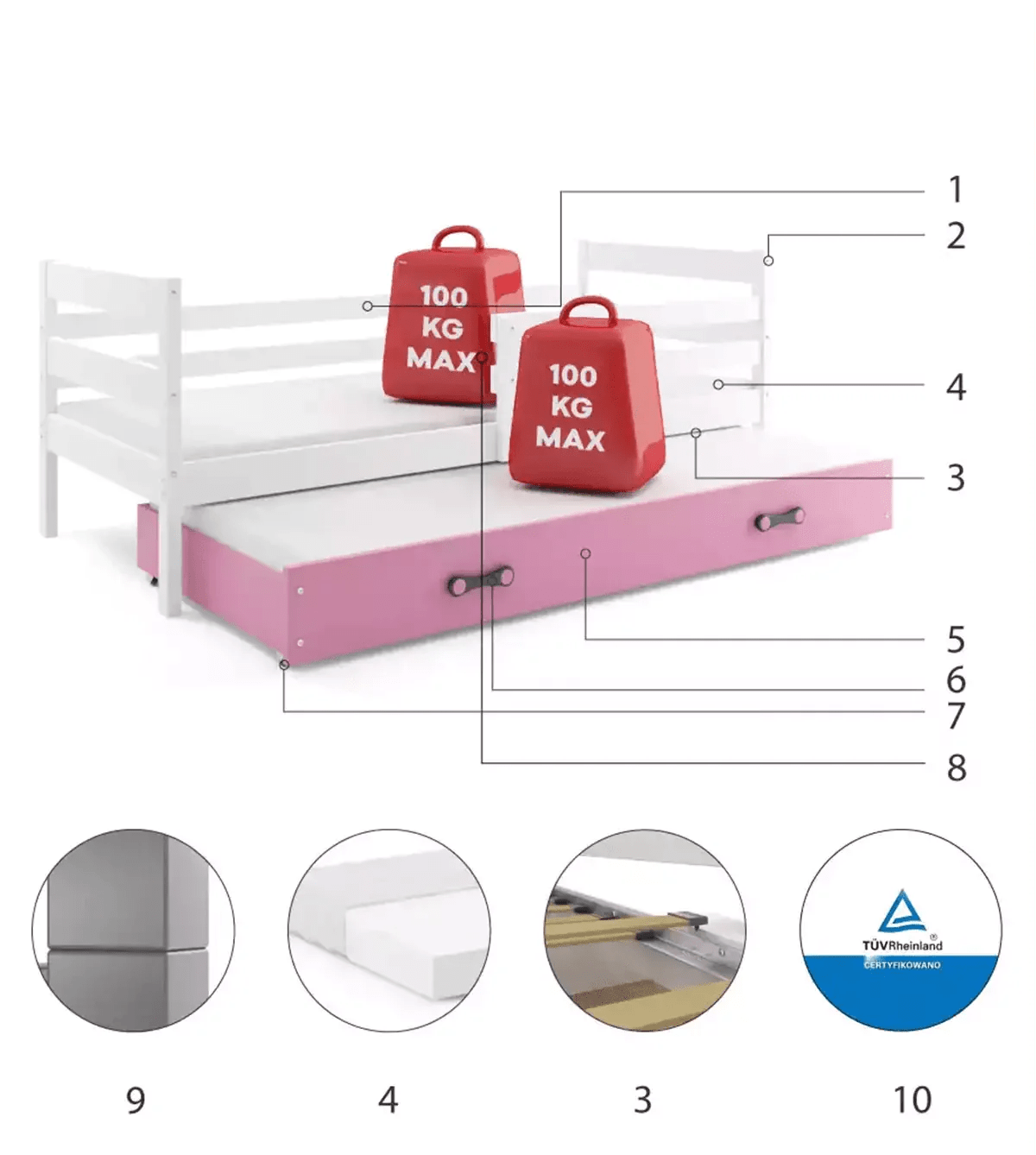 Vaikiška Lova "Erik" Be/Su Stalčiumi/Papildoma Miego Vieta 80 X 190 cm Cribs & Toddler Beds