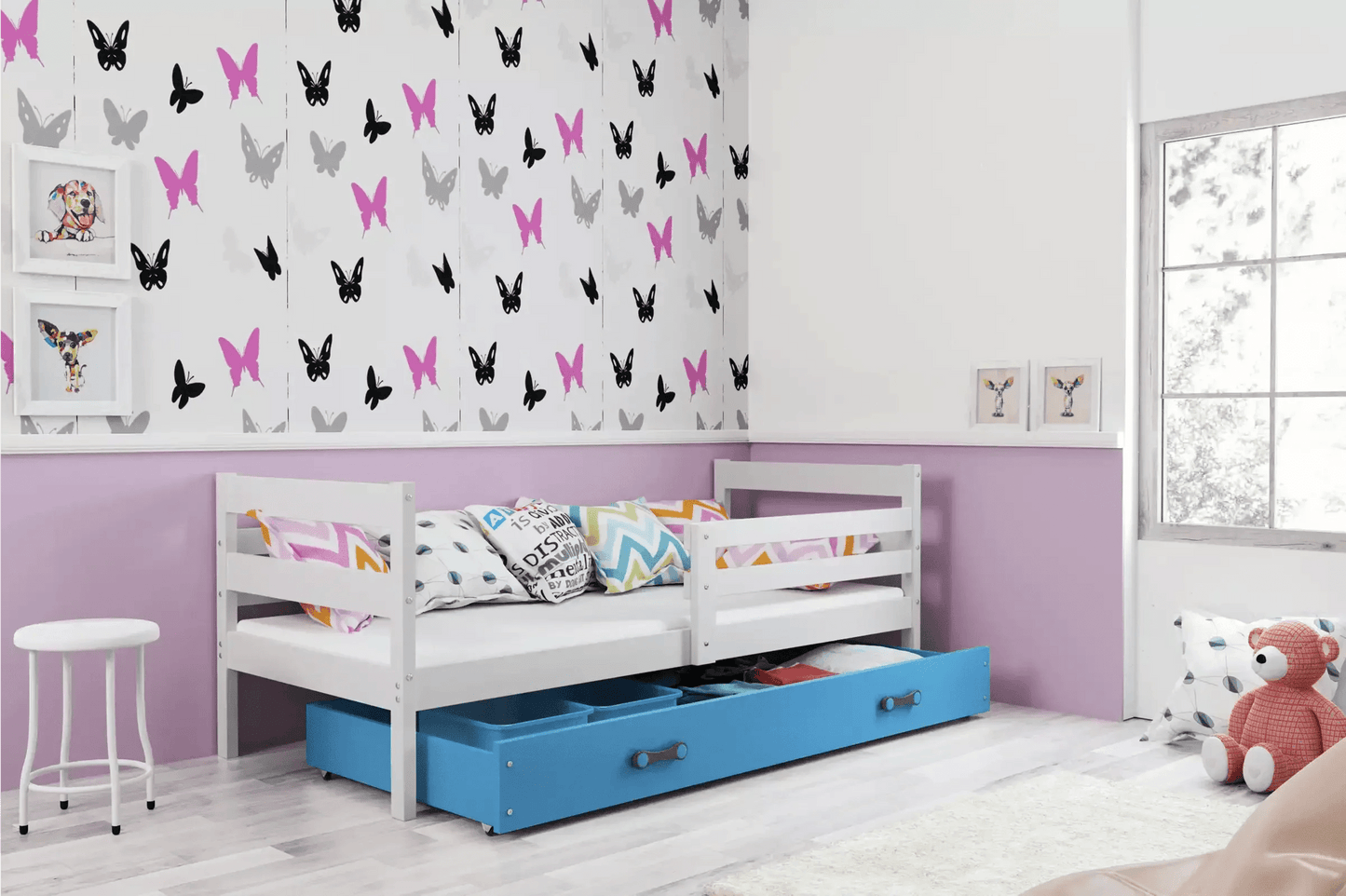 Vaikiška Lova "Erik" Be/Su Stalčiumi/Papildoma Miego Vieta 80 X 190 cm Cribs & Toddler Beds Balta / Su Stalčiumi / Mėlyna