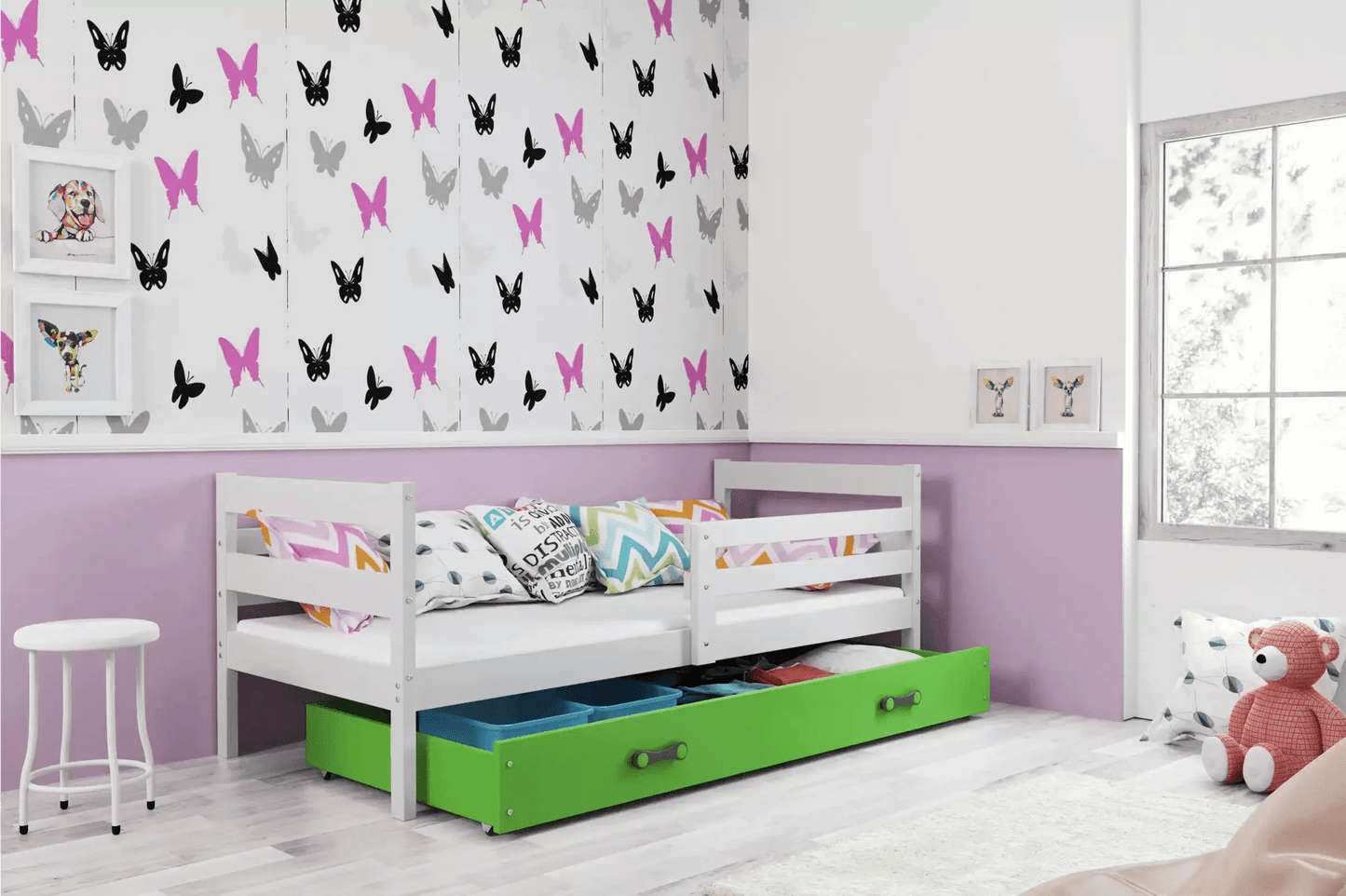 Vaikiška Lova "Erik" Be/Su Stalčiumi/Papildoma Miego Vieta 80 X 190 cm Cribs & Toddler Beds Balta / Su Stalčiumi / Žalia