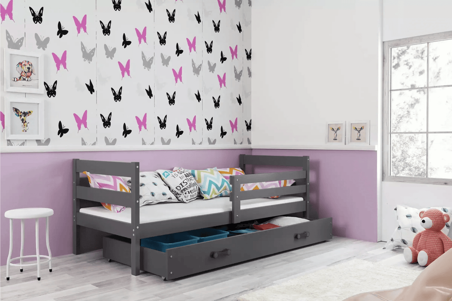 Vaikiška Lova "Erik" Be/Su Stalčiumi/Papildoma Miego Vieta 80 X 190 cm Cribs & Toddler Beds Pilka / Su Stalčiumi / Pilka