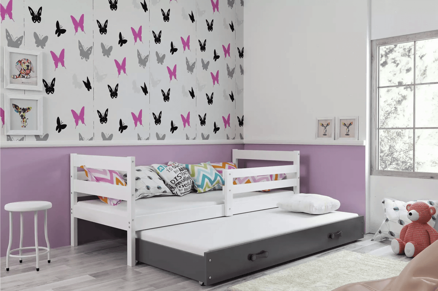 Vaikiška Lova "Erik" Be/Su Stalčiumi/Papildoma Miego Vieta 90 X 200 cm Cribs & Toddler Beds Balta / Su papildoma vieta miegui / Pilka
