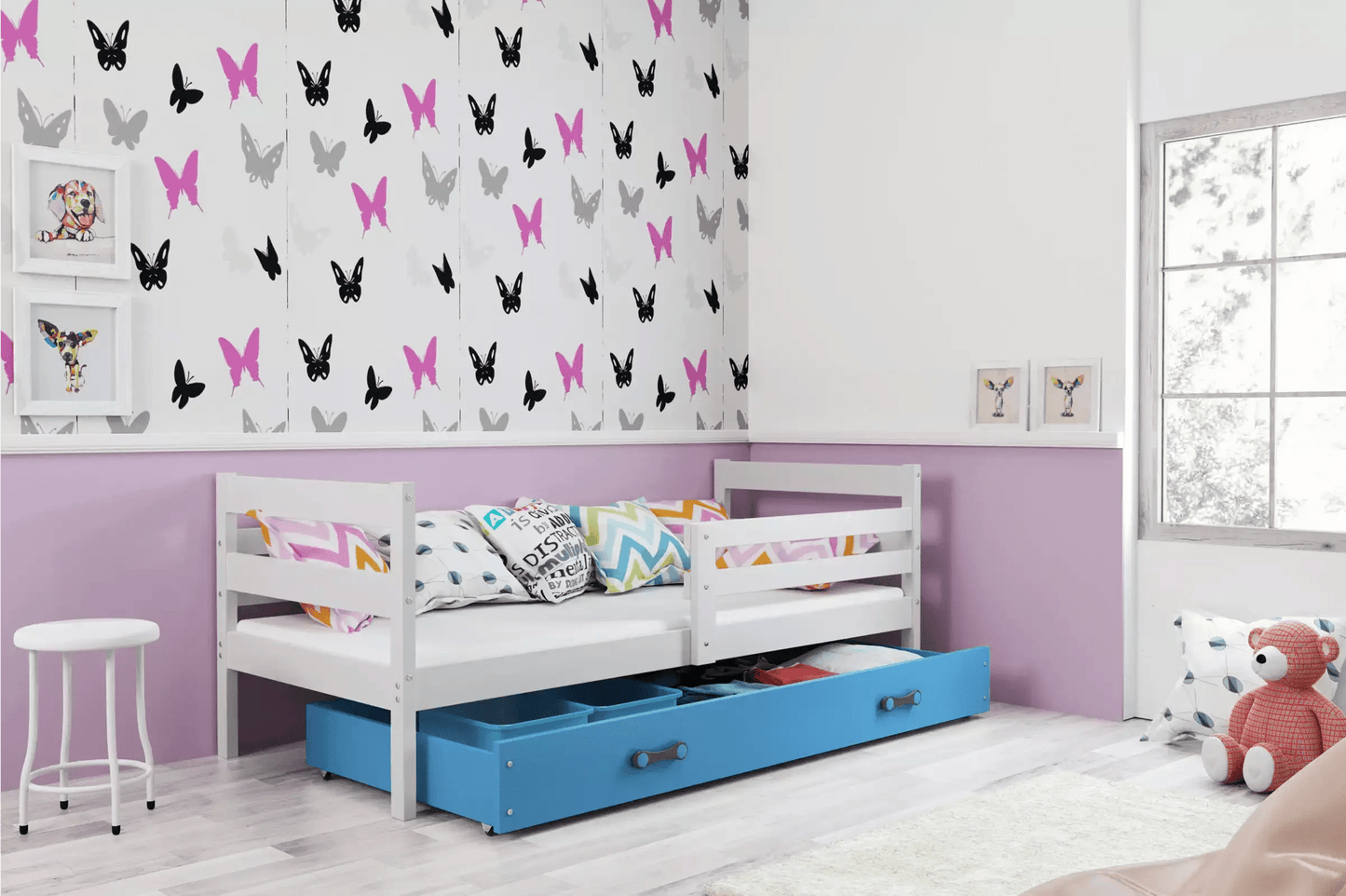 Vaikiška Lova "Erik" Be/Su Stalčiumi/Papildoma Miego Vieta 90 X 200 cm Cribs & Toddler Beds Balta / Su Stalčiumi / Mėlyna