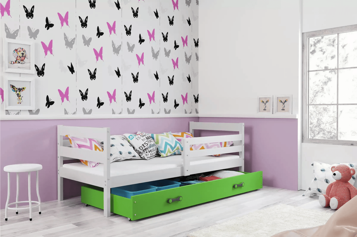 Vaikiška Lova "Erik" Be/Su Stalčiumi/Papildoma Miego Vieta 90 X 200 cm Cribs & Toddler Beds Balta / Su Stalčiumi / Žalia