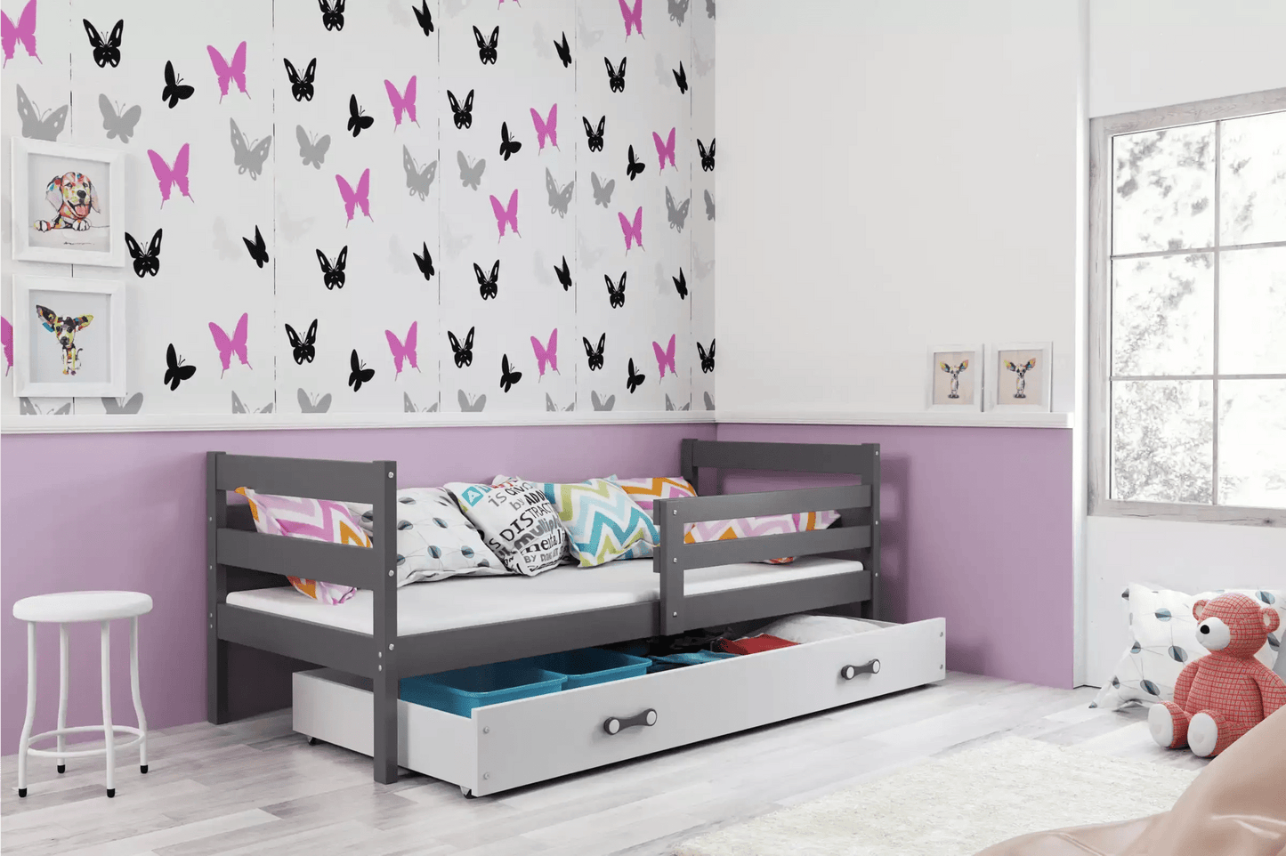 Vaikiška Lova "Erik" Be/Su Stalčiumi/Papildoma Miego Vieta 90 X 200 cm Cribs & Toddler Beds Pilka / Su Stalčiumi / Balta