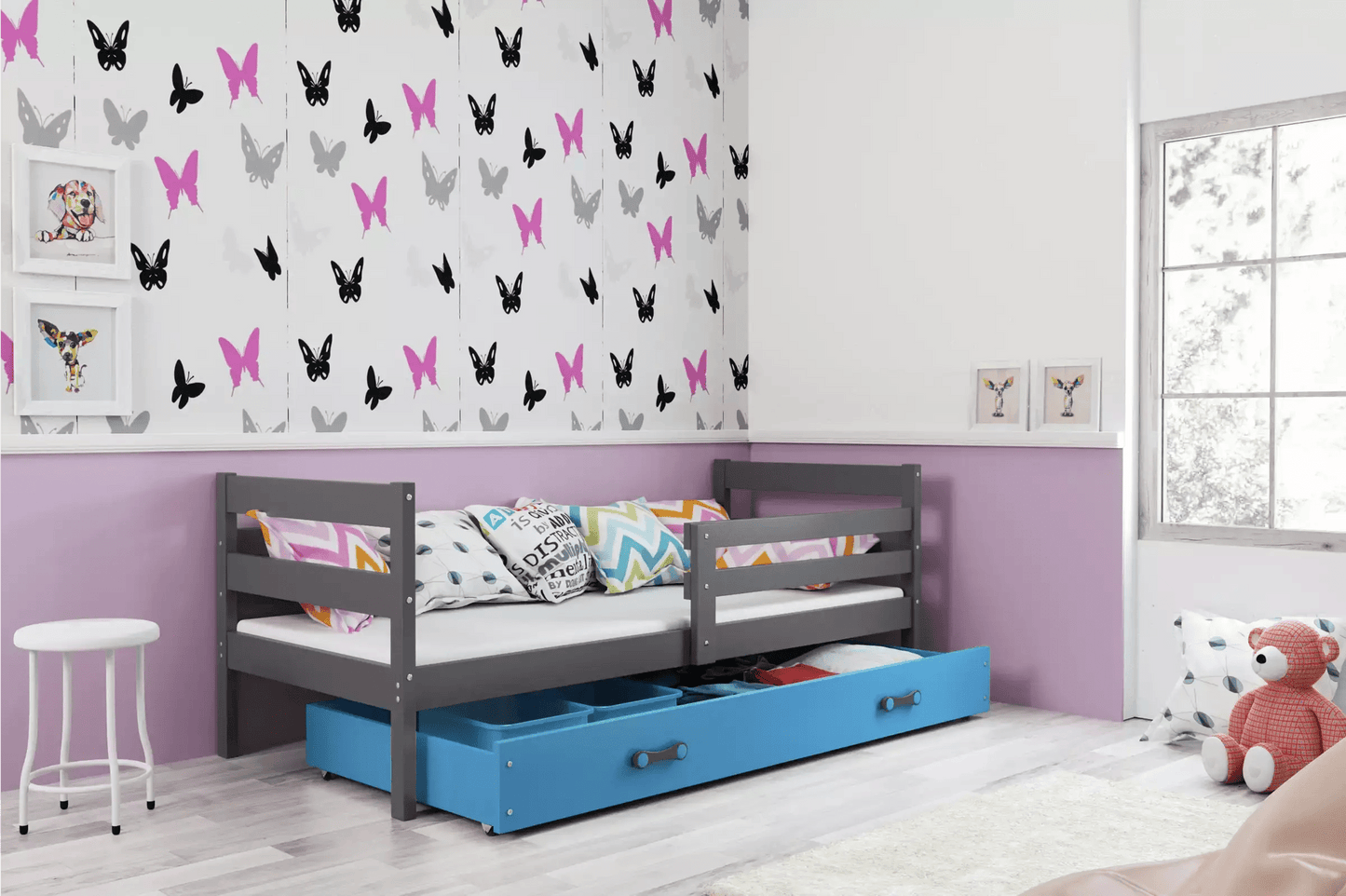 Vaikiška Lova "Erik" Be/Su Stalčiumi/Papildoma Miego Vieta 90 X 200 cm Cribs & Toddler Beds Pilka / Su Stalčiumi / Mėlyna