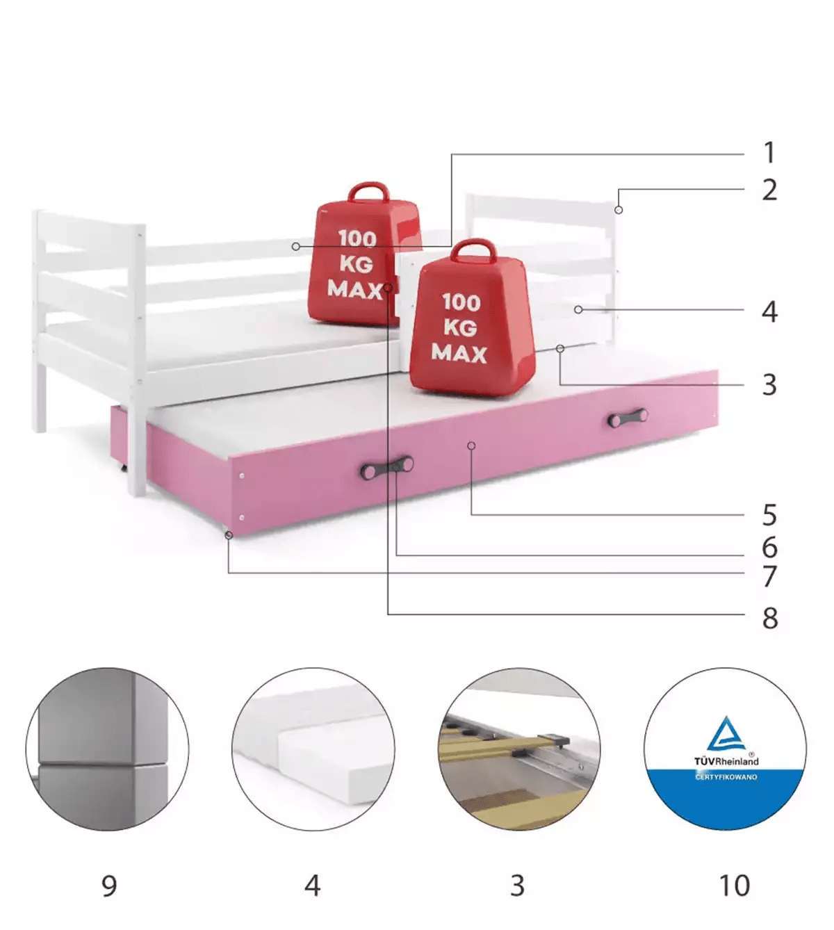 Vaikiška Lova "Eryk" Be/Su Stalčiumi/Papildoma Miego Vieta 190/200 cm Cribs & Toddler Beds