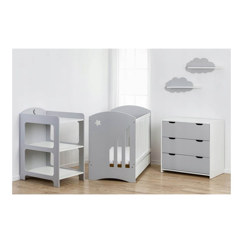 Vaikiška Lovytė "MOON" Su Stalčiumi Ir Čiužiniu Pilka Cribs & Toddler Beds