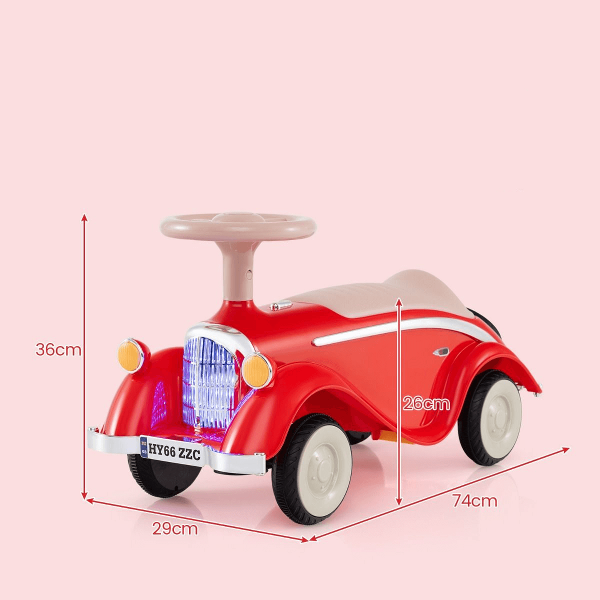 Vaikiška Mašinėlė Retro Stiliaus Su Garso Signalu Ir LED Žibintais, Raudonas Stumiamos Mašinėlės Vaikams