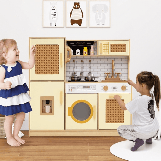 Vaikiška Medinė Virtuvė Su Rotango Durelėmis Ir Garso Efektais, Geltona Vaikiškos Virtuvėlės