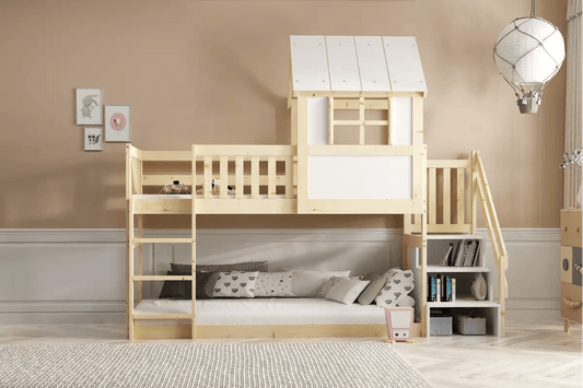 Vaikiška Namelio Formos Lova Antresole Su Laiptais Ir Lentynomis Vienas Čiužinys 90x200 Lovos Antresolės