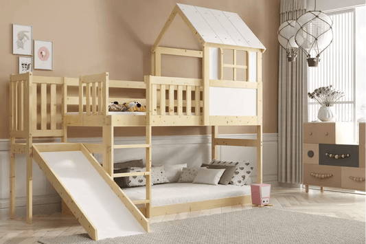 Vaikiška Namelio Formos Lova Su Čiuožykla Ir Stogu Vienas Čiužinys 90x200 Lovos Antresolės