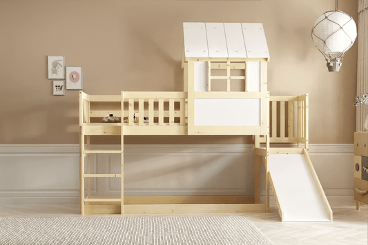 Vaikiška Namelio Formos Lova Su Čiuožykla Ir Stogu Vienas Čiužinys 90x200 Lovos Antresolės