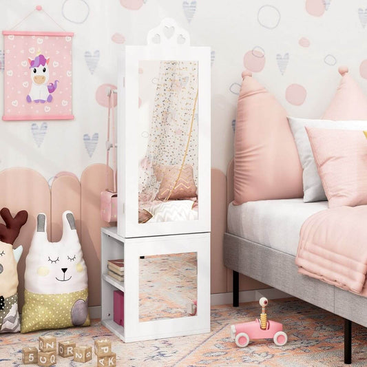 Vaikiška Papuošalų Spintelė 3 Viename Su Veidrodžiu Ir Kabyklomis, Balta Kosmetinis Staliukas