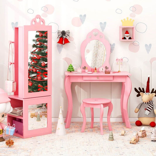 Vaikiška Papuošalų Spintelė 3 Viename Su Veidrodžiu Ir Kabyklomis, Rožinė Kosmetinis Staliukas