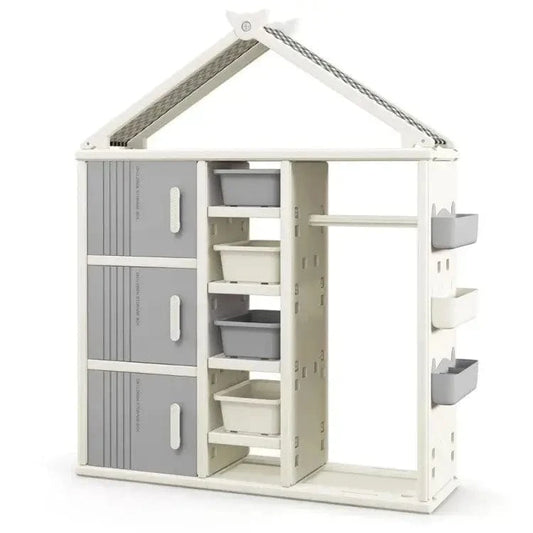 Vaikiška Spinta Su Lentynomis Ir Drabužių Kabykla Žaisminga Namelio Forma, Pilka Žaislų Dėžės Ir Lentynos