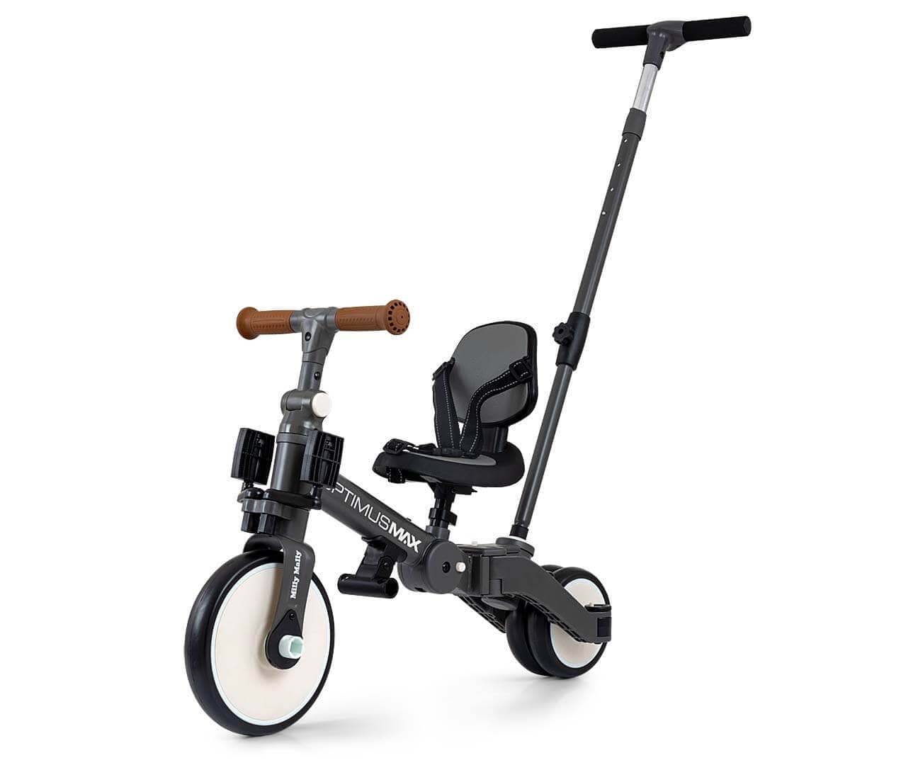 Vaikiškas 5 in 1 Triratis Dviratis Milly Mally Optimus Max Su Pedalais Ir Rankena, 4 Spalvos Triratukai Juoda