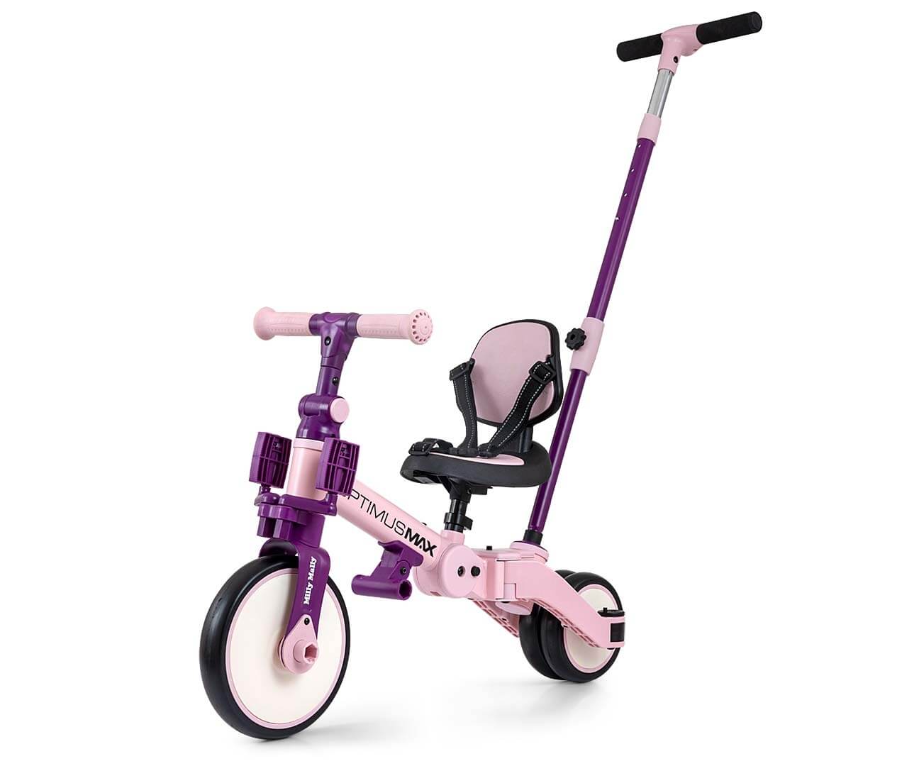 Vaikiškas 5 in 1 Triratis Dviratis Milly Mally Optimus Max Su Pedalais Ir Rankena, 4 Spalvos Triratukai Rožinė