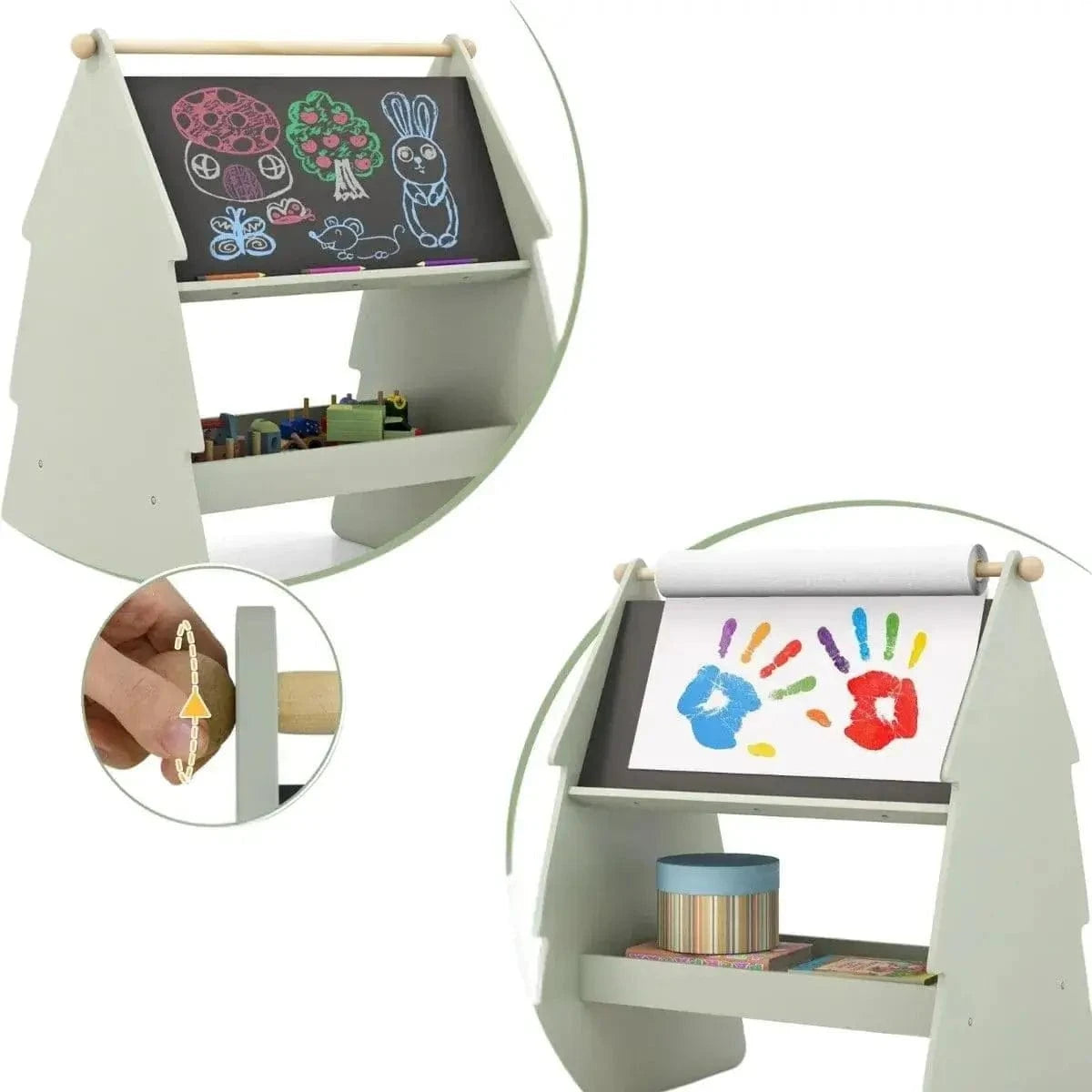 Vaikiškas Medinis Piešimo Stalas Molbertas Su Kėdute Ir Dvipuse Kreidos Lenta, Žalias Staliukai Kėdutės