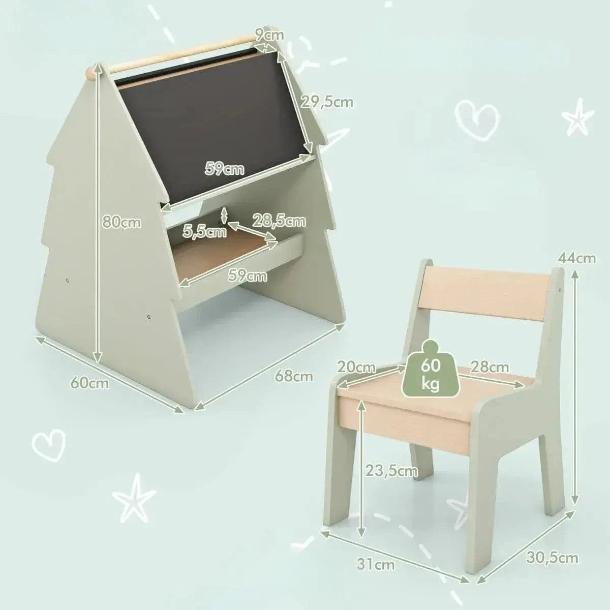 Vaikiškas Medinis Piešimo Stalas Molbertas Su Kėdute Ir Dvipuse Kreidos Lenta, Žalias Staliukai Kėdutės
