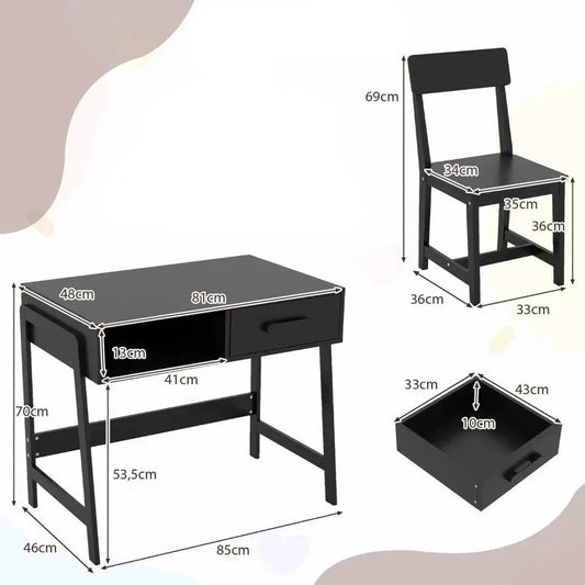 Vaikiškas Medinis Rašomasis Stalas Ir Kėdės Komplektas Su Stalčiumi, Juodas Rašomasis Stalas