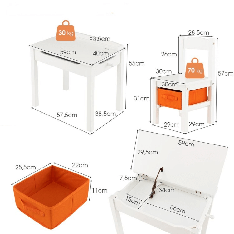 Vaikiškas Medinis Stalas Su Kėde Ir Daiktadėže, Balta Spalva Staliukai Kėdutės