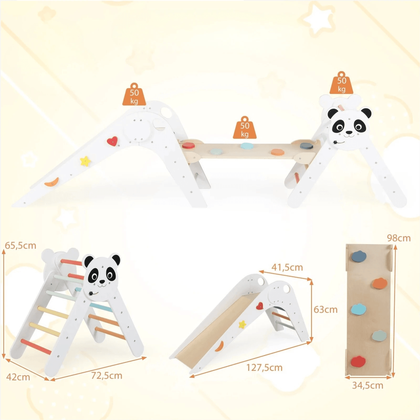 Vaikiškas Montessori Medinė Laipynė 3in1 Panda, Balta Sūpynės ir Žaidimų Aikštelės