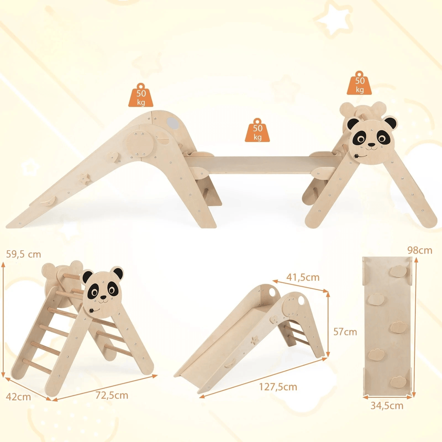 Vaikiškas Montessori Medinė Laipynė 3in1 Panda, Natūrali Sūpynės ir Žaidimų Aikštelės