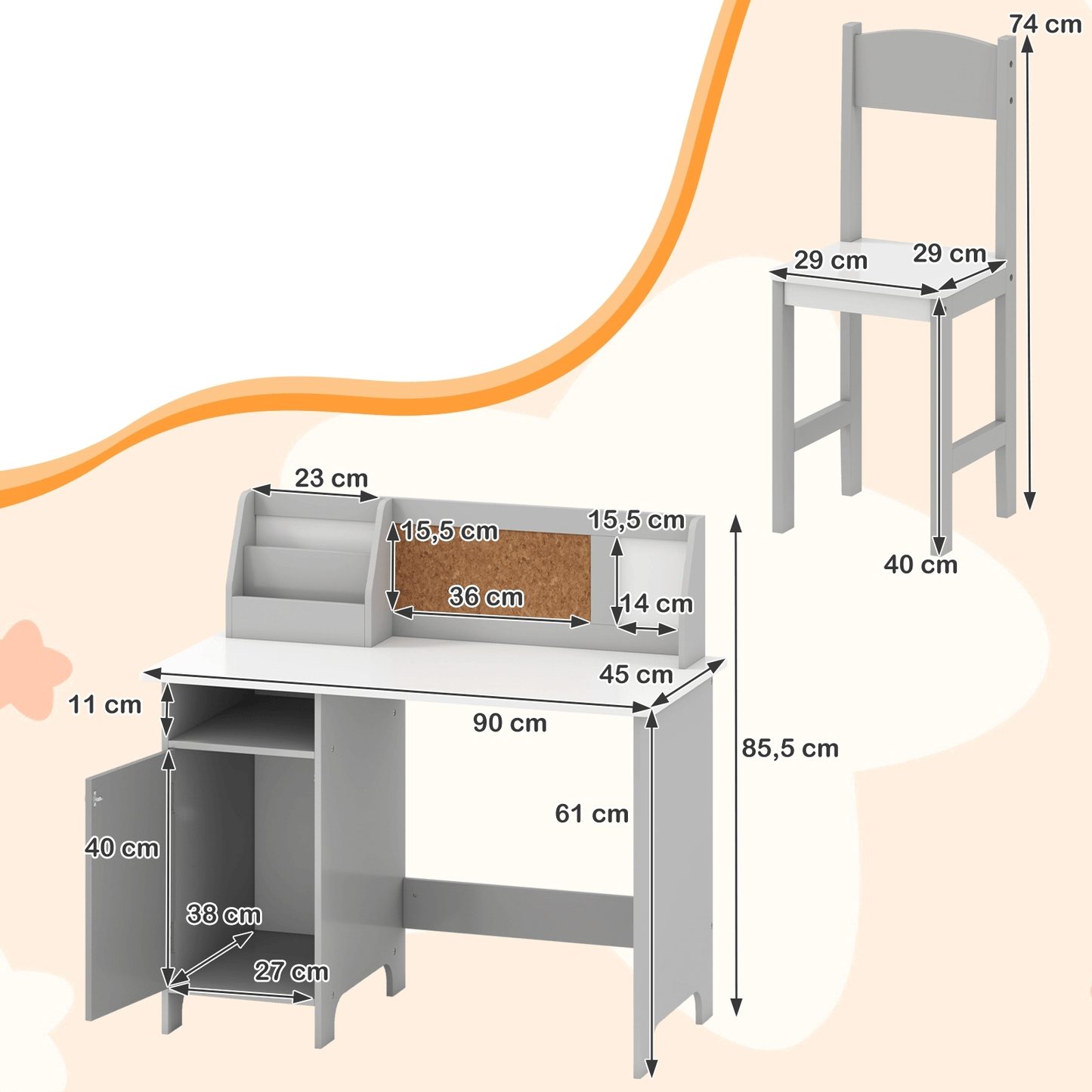 Vaikiškas Rašomasis Stalas Su Kėde, Kamštine Ir Magnetine Lentomis, Pilkas Rašomasis Stalas