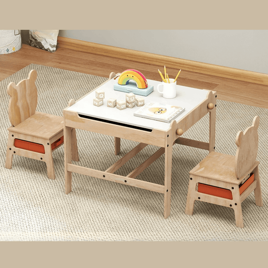 Vaikiškas Stalas Su Dvipusiu Stalviršiu Ir Meškiuko Kėdėmis – 3 Dalių Staliukai Kėdutės