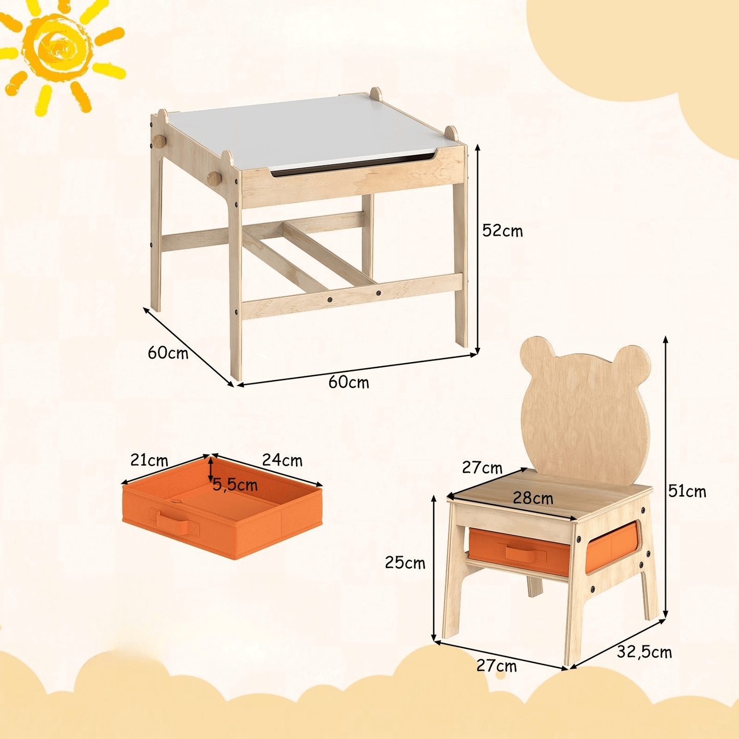 Vaikiškas Stalas Su Dvipusiu Stalviršiu Ir Meškiuko Kėdėmis – 3 Dalių Staliukai Kėdutės