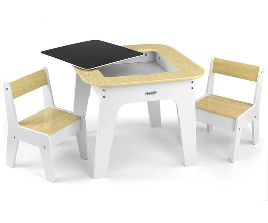 Vaikiškas Stalas Su Kėdutėm Ir Apverčiama Lenta Kaladėlėms Ir Piešimui, Baltas Staliukai Kėdutės