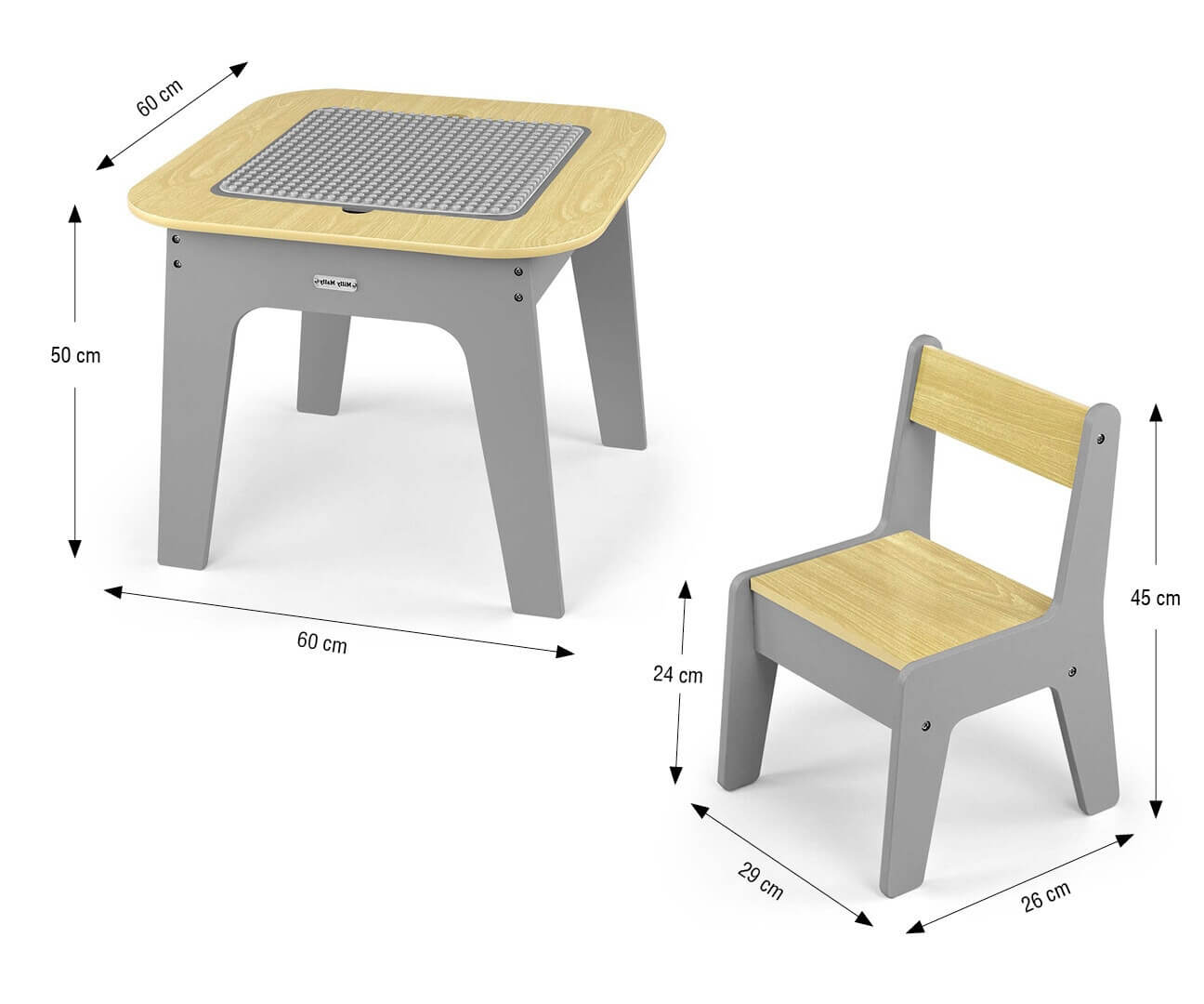 Vaikiškas Stalas Su Kėdutėm Ir Apverčiama Lenta Kaladėlėms Ir Piešimui, Pilkas Staliukai Kėdutės
