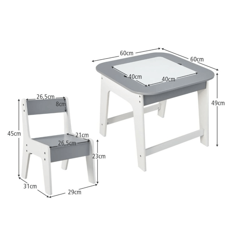 Vaikiškas Staliukas Su 2 Kėdėmis, Vieta Daiktams Ir Piešimo Lenta, Pilkos Spalvos Staliukai Kėdutės