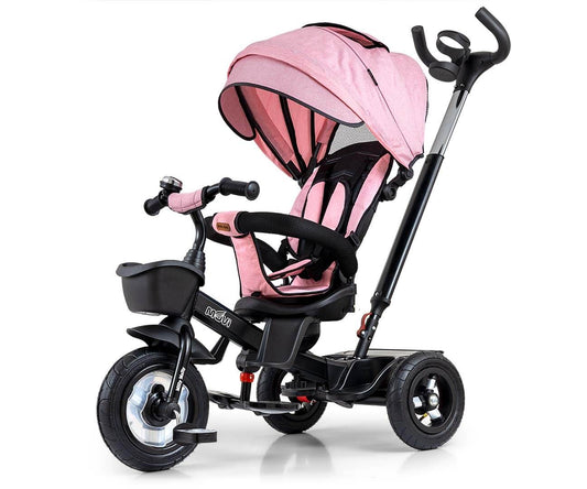 Vaikiškas Stumiamas Triratis Dviratis MOVI 360° Su Pripučiamais Ratais, Krepšeliu Ir Rankena, Rožinis Stumiami Triratukai