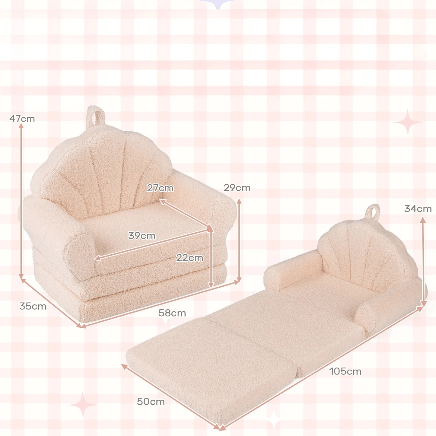 Vaikiškas Transformuojamas Fotelis-Lova 58 x 35 x 47 cm, Smėlio Spalva Vaikiški Foteliukai ir Pufai