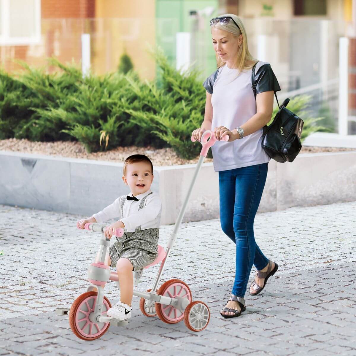 Vaikiškas Triratukas "4-In-1" Rožinės Spalvos Stumiamos Mašinėlės Vaikams