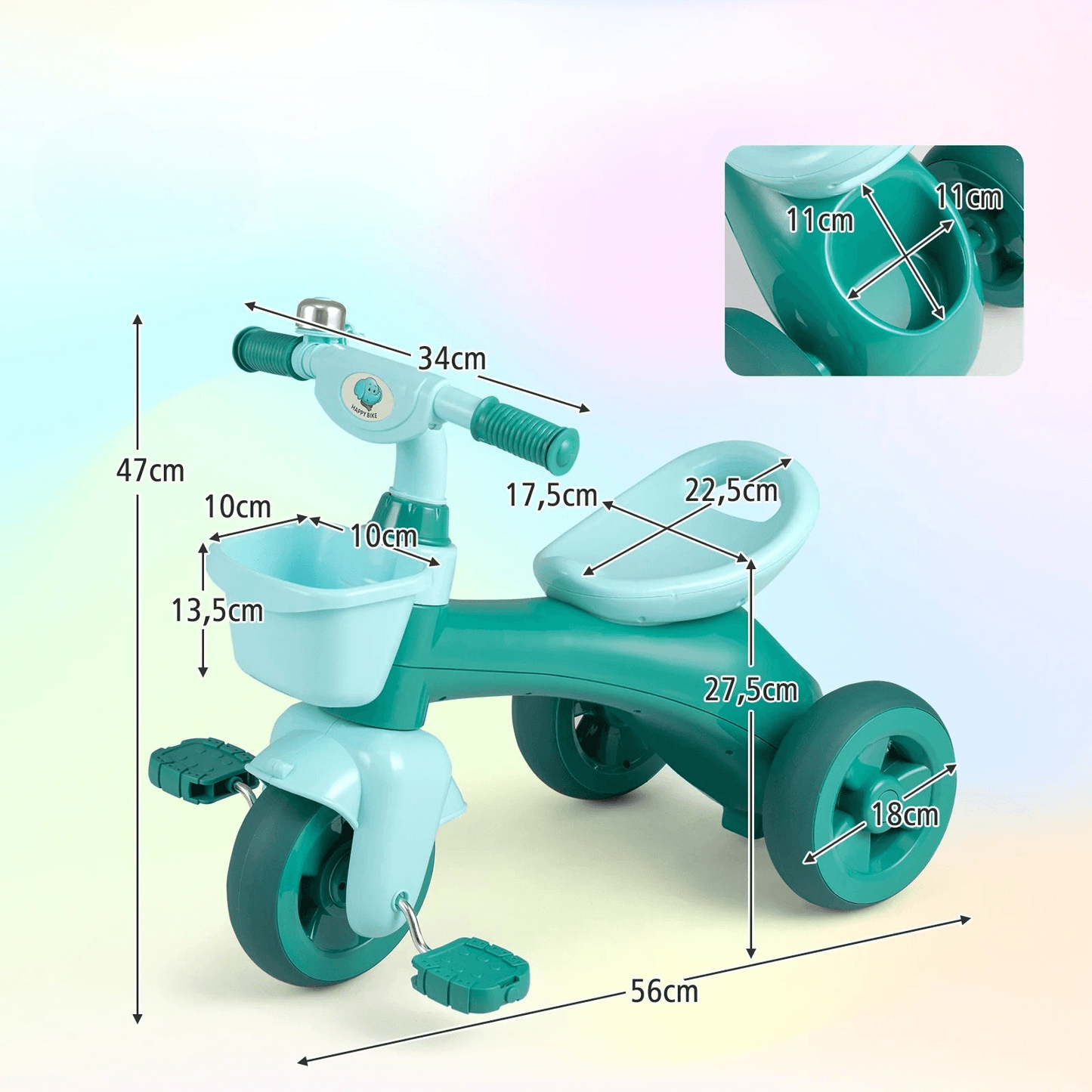 Vaikiškas Triratukas su Krepšeliu Stabilus su Ribotu Vairo Kampu Žalias Triratukai