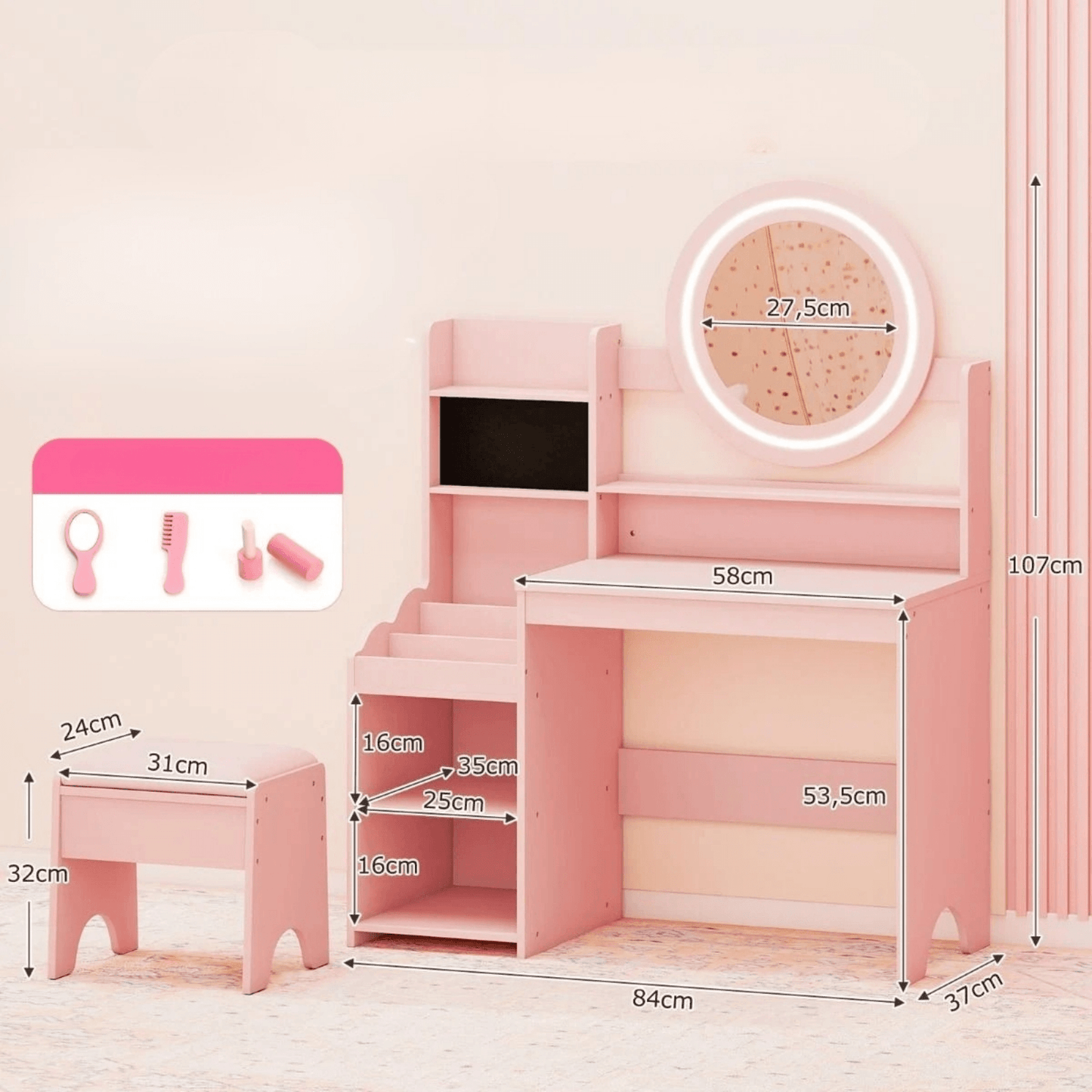 Vaikiškas Tualetinis Kosmetinis Staliukas su LED Apšvietimu ir Lentynomis, Rožinis Kosmetinis Staliukas