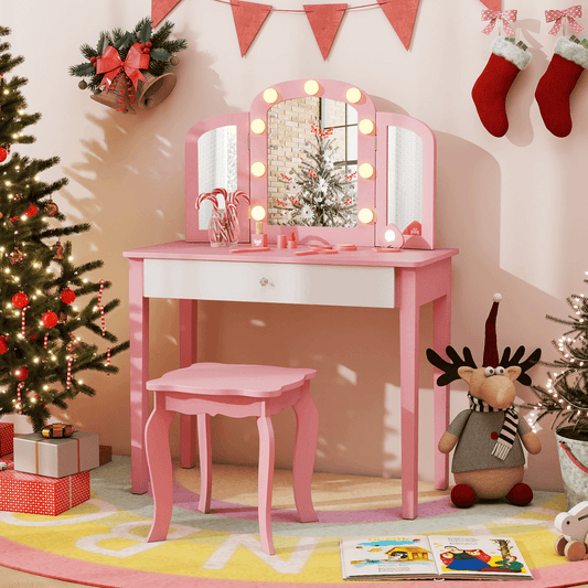 Vaikiškas Tualetinis Staliukas su LED Veidrodžiu 2in1 su Kėdute Rožinis Kosmetinis Staliukas