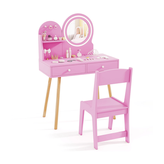 Vaikiškas Tualetinis Staliukas su LED Veidrodžiu ir Kėdute Rožinis Kosmetinis Staliukas
