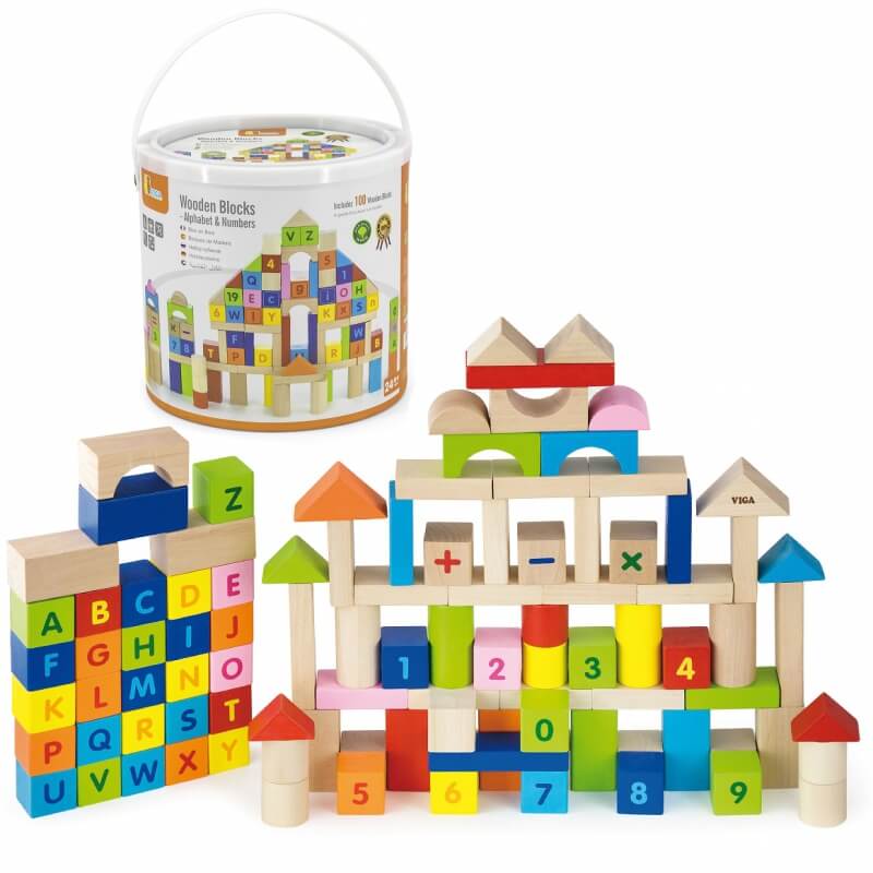 Viga Toys Klocki Drewniane Edukacyjne 100 elem. Cyferki Literki Žaislai Vaikams Ir Kūdikiams