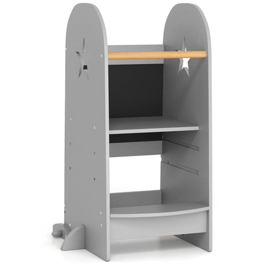 Virtuvės Pagalbininkas Montessori Bokštelis Su Dvipuse Piešimo Lenta, Pilkas Montessori bokštelis