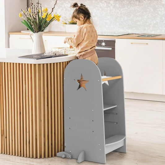 Virtuvės Pagalbininkas Montessori Bokštelis Su Dvipuse Piešimo Lenta, Pilkas Montessori bokštelis