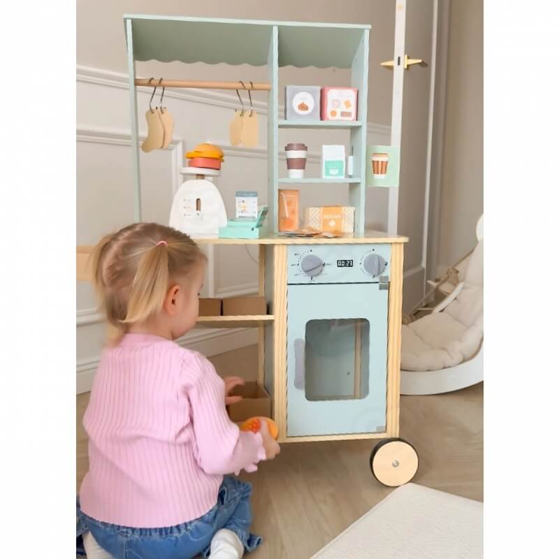 Woopie Green Medinė Maisto Prekių Parduotuvė Su 73 Priedais Vaikiškos Virtuvėlės