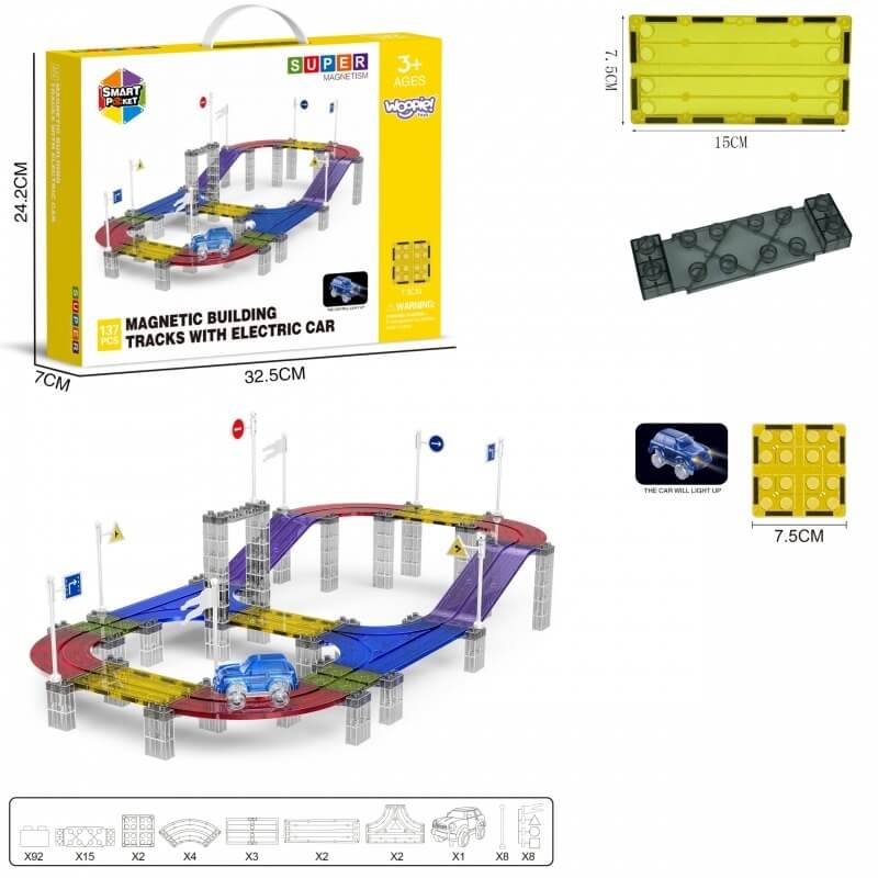 Woopie Magnetinė Lenktynių Trasa Su LED Automobiliu Vaikams 3+ 137 vnt Magnetiniai Žaislai