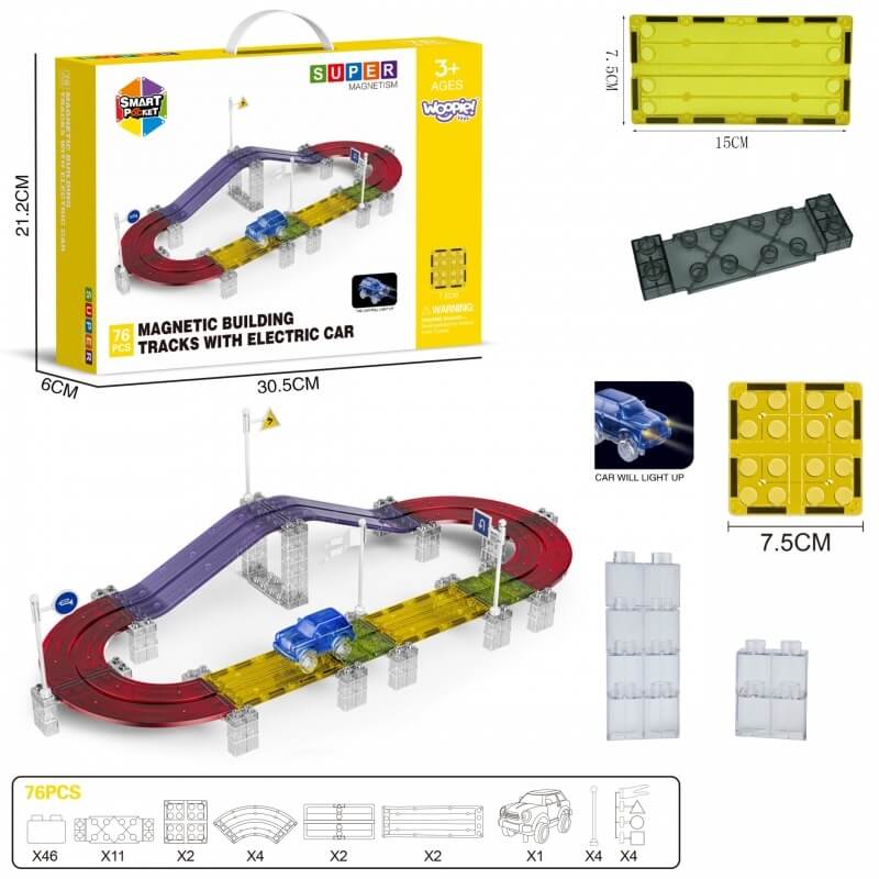 Woopie Magnetinė Lenktynių Trasa Su LED Automobiliu Vaikams 3+ 76 vnt. Magnetiniai Žaislai