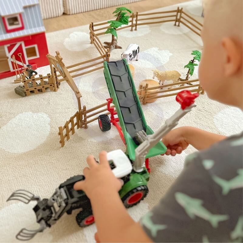 WOOPIE Žemės Ūkio Mašinų Rinkinys – 45 Elementų Traktorius Su Priekaba Žaislinis Traktorius