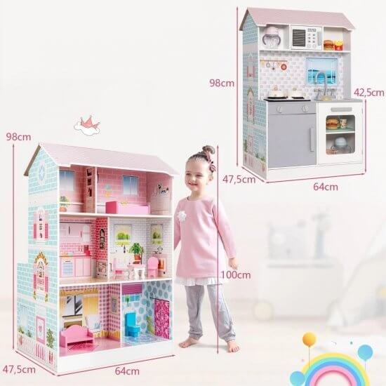 Žaislas Vaikams 2in1 Lėlių Namelis Ir Virtuvė Lėlių namelis, žaidimų rinkinys ir žaislinės figūrėlės
