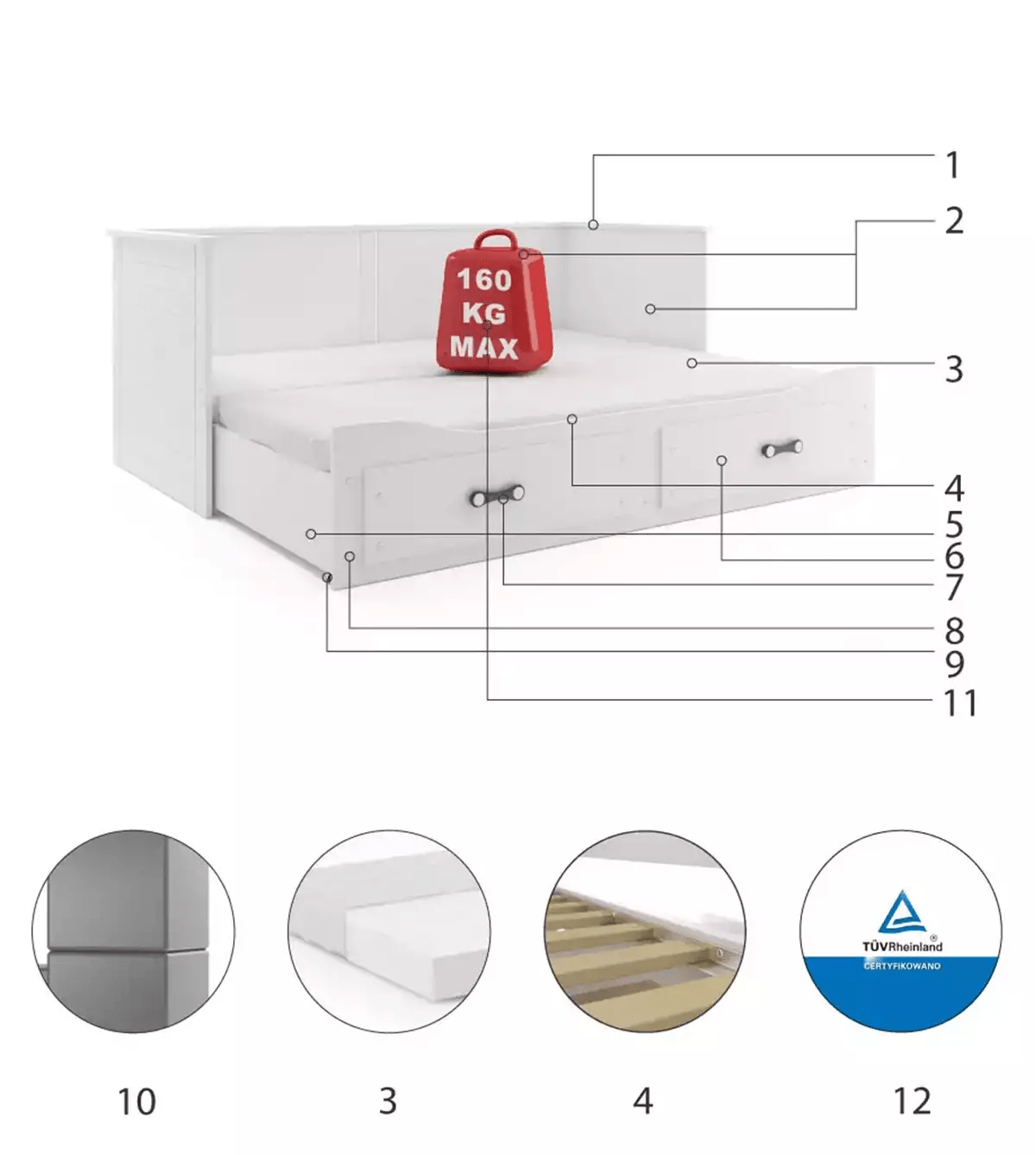 Hermes Lova Stalčius + Papildoma Lova 80 x 200 cm Beds & Bed Frames