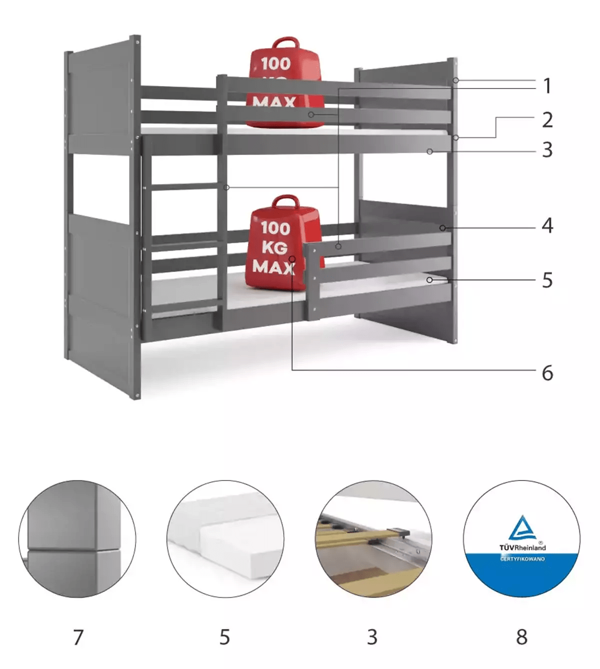 Lova "Rico" Trivietė Arba Su Stalčiumi 80 x 160-200cm Pilkas Rėmas Beds & Bed Frames